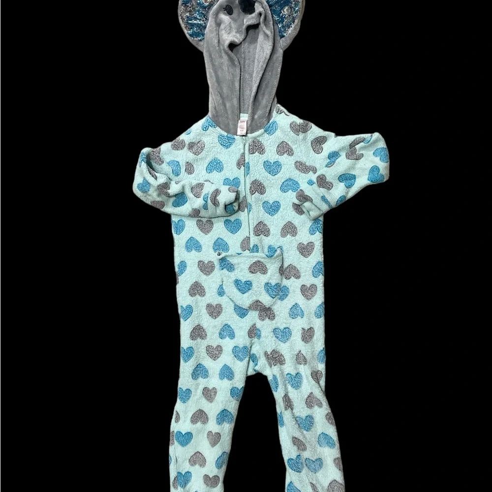 Justice onesie blue koala zip hooded fleece soft pajamas pjs hearts sequins 6 7